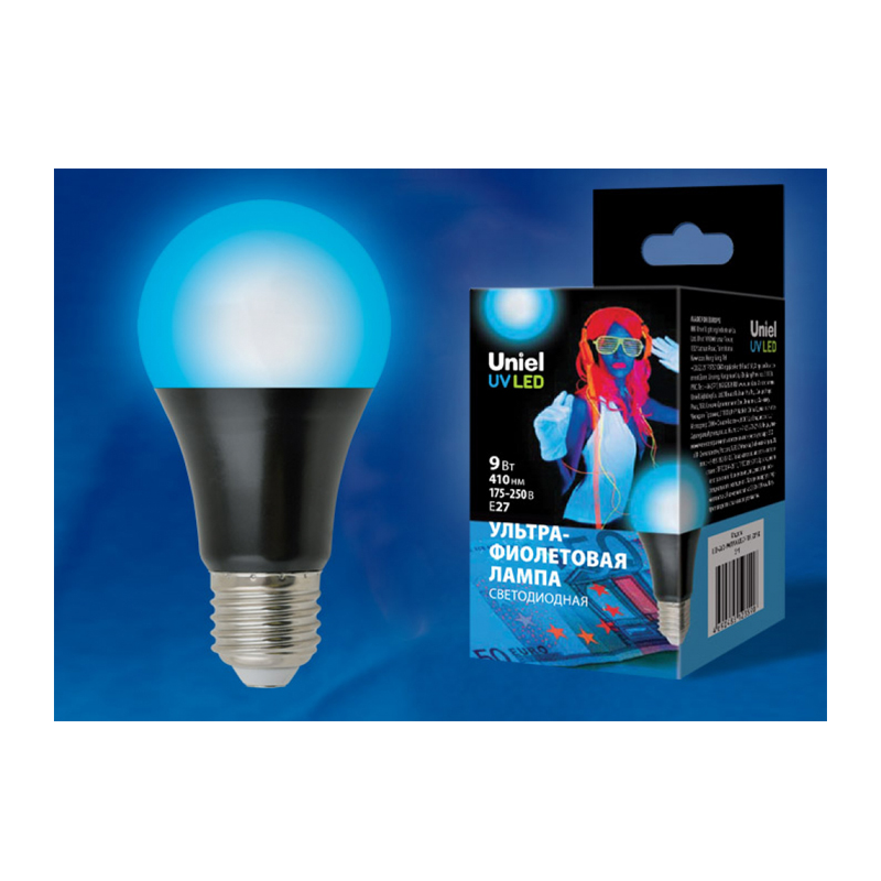 LED-A60-9W/UVAD/E27/FR PLZ07BK Лампа светодиодная ультрафиолетовая для дискотек . Спектр UVA 410нм.